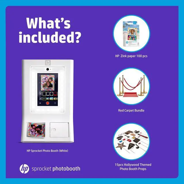 Alt view image 2 of 7 - HP Sprocket Photo Booth Machine Instant Color Photo Printer (White) + Zink Paper (100 Sheets) + Red Carpet Bundle + Hollywood Props Bundle