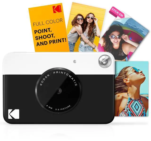 Alt view image 4 of 9 - kodak printomatic instant camera black gift bundle + zink paper 20 sheets + deluxe case + 7 fun sticker sets + twin tip markers + photo album + hanging frames + comfortable neck strap