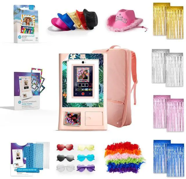 Main image of HP Sprocket Photo Booth Machine Instant Color Photo Printer (Pink)+ Paper (x100)+ Case + Frames (x15)+ Screen Protector (x2)+ Fedoras (x6)+ Glasses (6pc)+ Boas (x6)+ Cowboy Hat + Foil Curtain (x5)