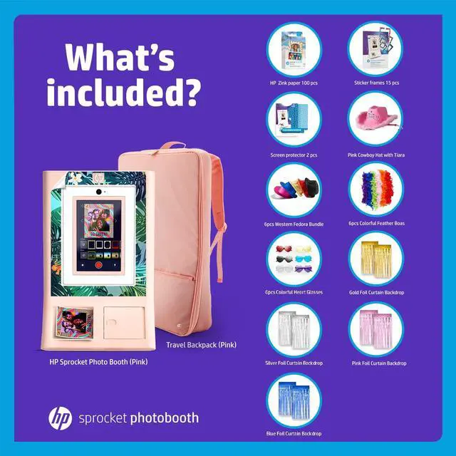 Alt view image 2 of 7 - HP Sprocket Photo Booth Machine Instant Color Photo Printer (Pink)+ Paper (x100)+ Case + Frames (x15)+ Screen Protector (x2)+ Fedoras (x6)+ Glasses (6pc)+ Boas (x6)+ Cowboy Hat + Foil Curtain (x5)