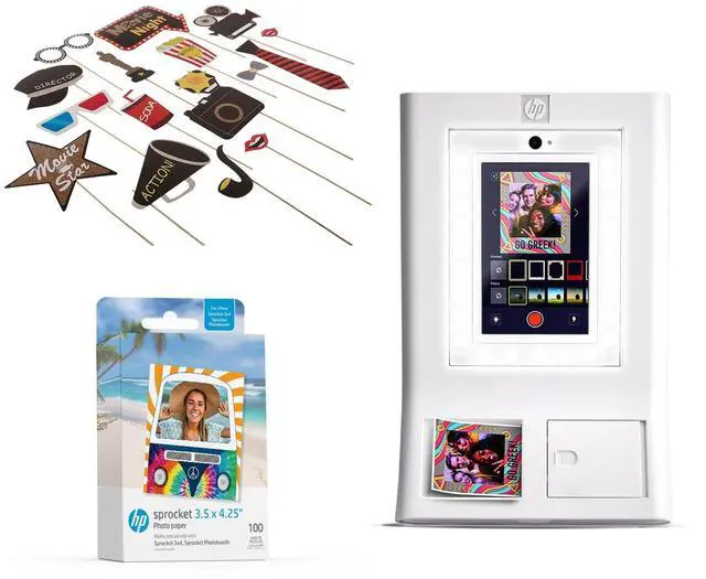 Main image of HP Sprocket Photo Booth Machine Instant Color Photo Printer (White) + Zink Paper (100 Sheets) + Hollywood Props Bundle