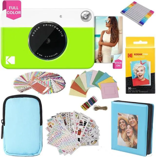 Main image of KODAK Printomatic Full-Color Instant Print Camera Gift Bundle + Soft Case + Zink 2x3" Sticky Back Photo Paper 20pk + Album + Sticker Sets + Sticker Frames + Markers + Hanging Frames, Fun Gift - Green