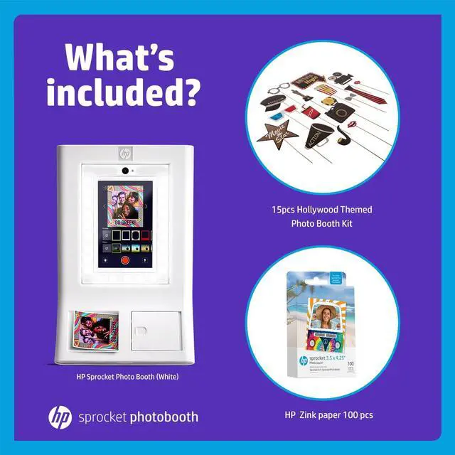 Alt view image 2 of 7 - HP Sprocket Photo Booth Machine Instant Color Photo Printer (White) + Zink Paper (100 Sheets) + Hollywood Props Bundle