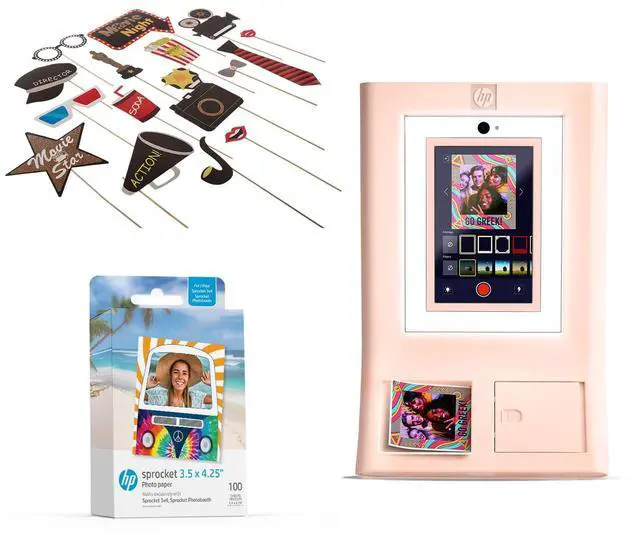 Main image of HP Sprocket Photo Booth Machine Instant Color Photo Printer (Pink) + Zink Paper (100 Sheets) + Hollywood Props Bundle