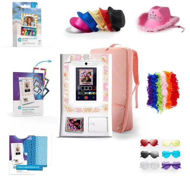 Main image of HP Sprocket Photo Booth Machine Instant Color Photo Printer (White) + Zink Paper (x100) + Case + Sticker Frames (x15) + Screen Protector (x2) + Fedoras (x6) + Glasses (6pc) + Boas (x6) + Cowboy Hat