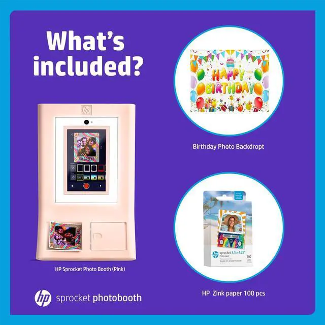 Alt view image 2 of 7 - HP Sprocket Photo Booth Machine Instant Color Photo Printer (Pink) + Zink Paper (100 Sheets) + Birthday Photo Backdrop