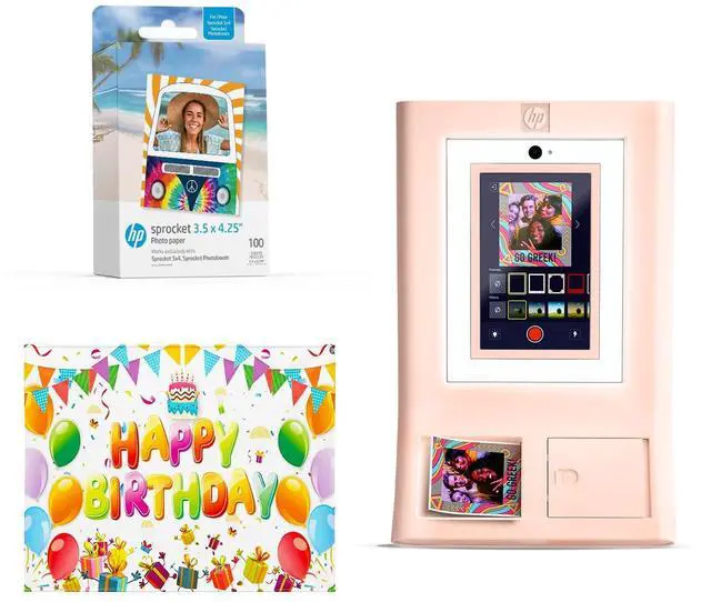 Main image of HP Sprocket Photo Booth Machine Instant Color Photo Printer (Pink) + Zink Paper (100 Sheets) + Birthday Photo Backdrop