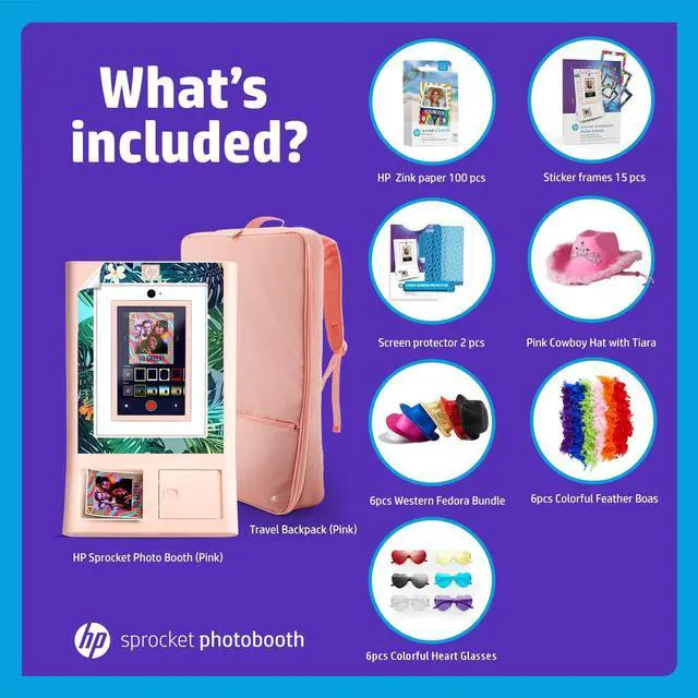 Alt view image 2 of 7 - HP Sprocket Photo Booth Machine Instant Color Photo Printer (White) + Zink Paper (x100) + Case + Sticker Frames (x15) + Screen Protector (x2) + Fedoras (x6) + Glasses (6pc) + Boas (x6) + Cowboy Hat
