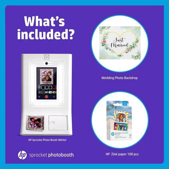 Alt view image 2 of 7 - HP Sprocket Photo Booth Machine Instant Color Photo Printer (White) + Zink Paper (100 Sheets) +Wedding Photo Backdrop