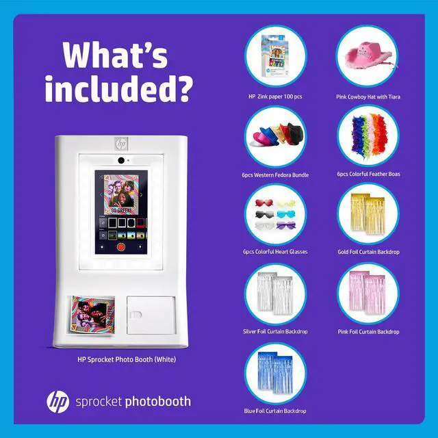 Alt view image 2 of 7 - HP Sprocket Photo Booth Machine Instant Color Photo Printer (White) + Zink Paper (100 Sheets)+ Fedora Bundle (x6)+ Heart Glasses (6pc)+ Feather Boas (x6) +Pink Cowboy Hat + Foil Curtain Backdrop (x5)