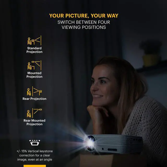 Alt view image 6 of 8 - kodak flik x4 home projector | 4.0 lcd compact home theater system projects up to 150? with 1080p compatibility & bright lumen led lamp | vga/av/hdmi/usb/tf inputs | remote, tripod & carry case