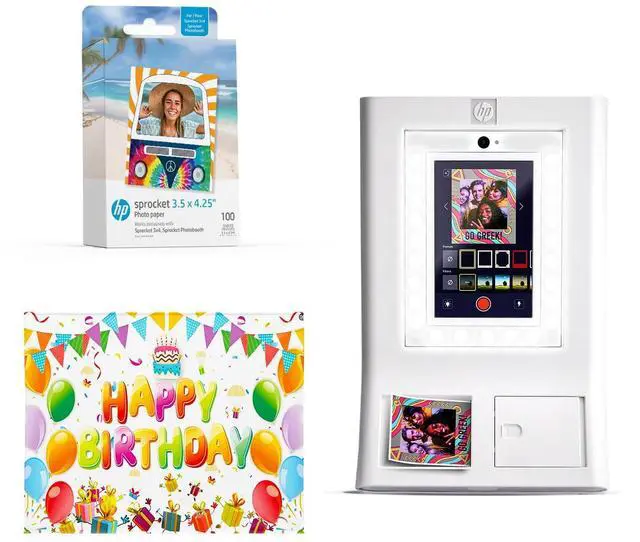 Main image of HP Sprocket Photo Booth Machine Instant Color Photo Printer (White) + Zink Paper (100 Sheets) + Birthday Photo Backdrop