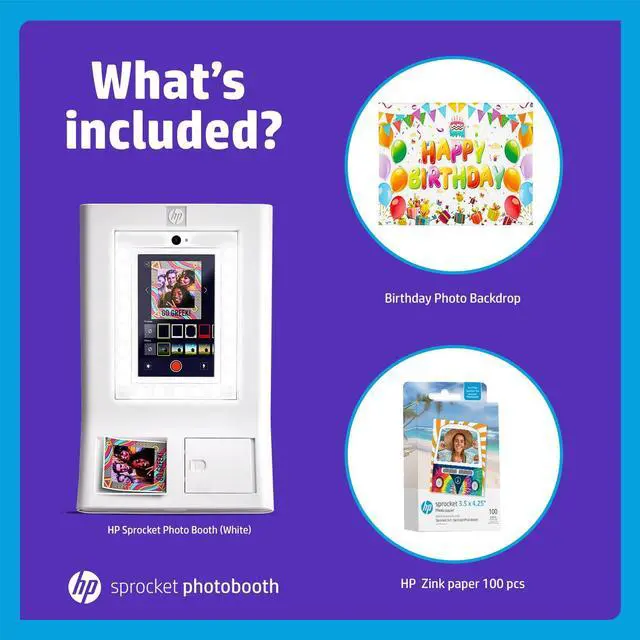 Alt view image 2 of 7 - HP Sprocket Photo Booth Machine Instant Color Photo Printer (White) + Zink Paper (100 Sheets) + Birthday Photo Backdrop
