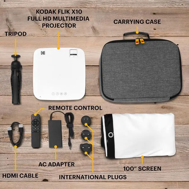 Alt view image 2 of 7 - KODAK FLIK X10 Full HD Multimedia Projector Kit | 1080p Mini Compact Portable Home Theater System Bundle with 100 Projection Screen, Remote Control, Tripod Stand, HDMI Cable, Hooks & Carry Case