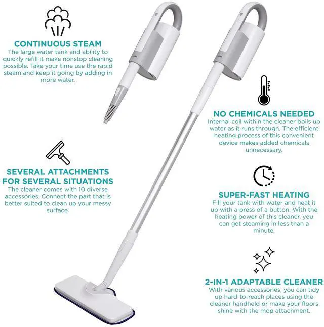 Alt view image 2 of 7 - Ivation 2-in-1 Steam Mop & Cleaning Kit | 10-Piece Indoor/Outdoor Cleaner w/ Detachable Handheld Pump Steamer, Extension Rod for Floors & Windows, Microfiber Pads & Brushes | Fast 25-Second Heat Time