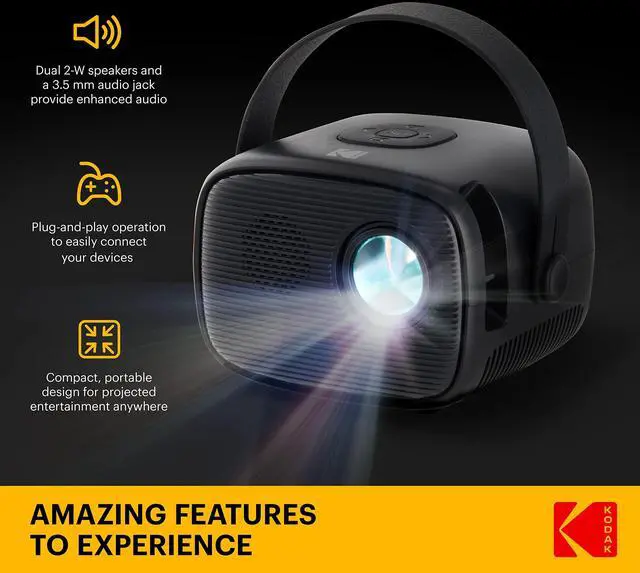 Alt view image 2 of 7 - KODAK FLIK X2 Mini Pico Projector | Portable 100 Projector with Remote Control, Speakers & Carry Handle Plays Movies, TV & Games | Compatible with HDMI, USB, AV, MicroSD, Smartphone, Firestick, Black