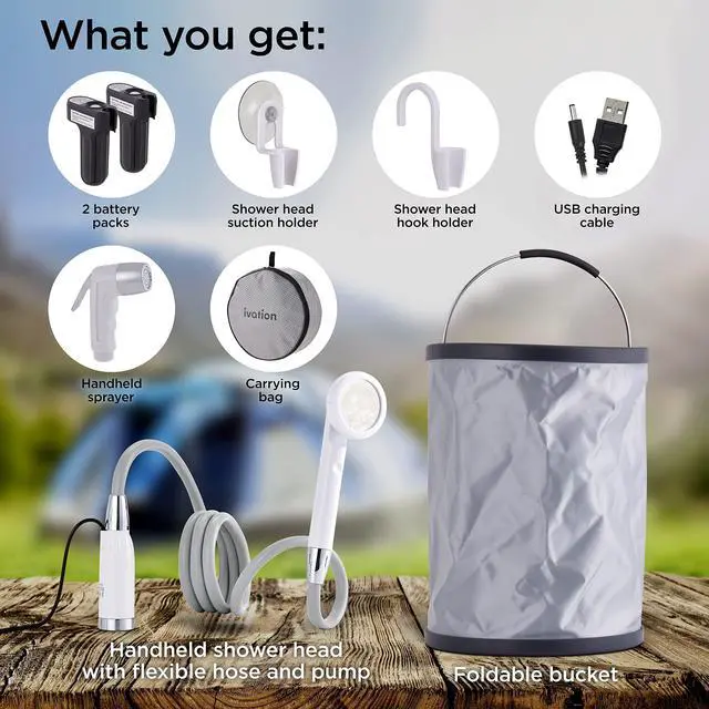 Alt view image 2 of 7 - Ivation Portable Camping Shower Kit | All-in-One Compact Outdoor Bath Set with Tiltable Shower Head, 6Ft Hose, Detachable Bidet Sprayer, Collapsible Water Bucket, Carry Case, 2 Battery Packs & Charger