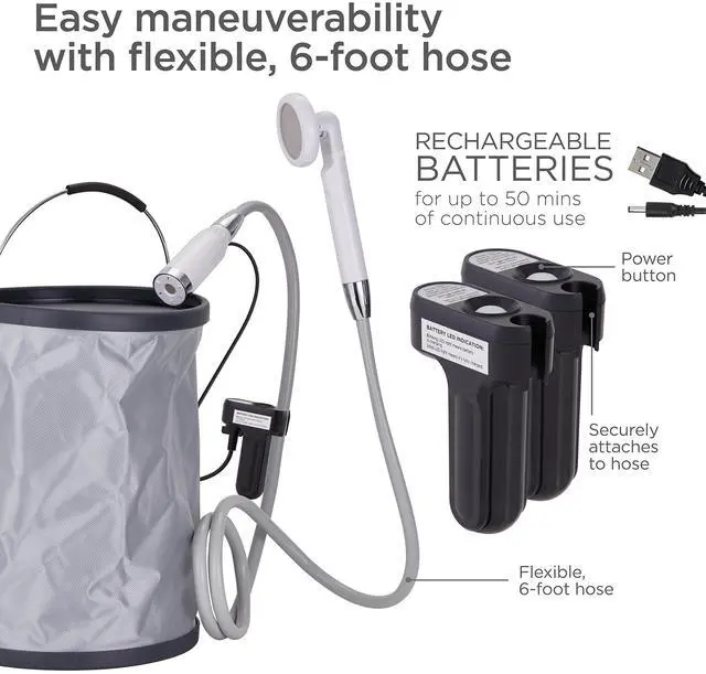 Alt view image 3 of 7 - Ivation Portable Camping Shower Kit | All-in-One Compact Outdoor Bath Set with Tiltable Shower Head, 6Ft Hose, Detachable Bidet Sprayer, Collapsible Water Bucket, Carry Case, 2 Battery Packs & Charger