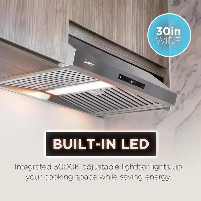 Alt view image 2 of 7 - Ivation 30 Under Cabinet Range Hood - 600 CFM - 3-Way Venting - Built-In LED Light & Clock - Auto-Off Fan Timer - Dishwasher Safe Stainless Steel Baffle Filters