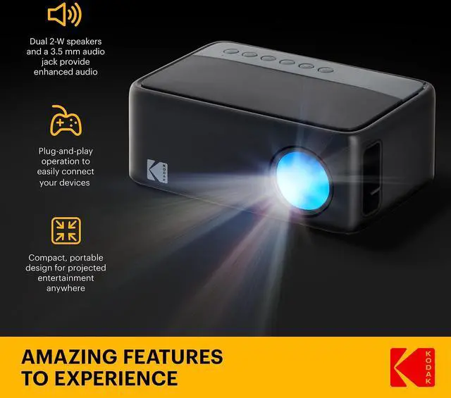 Alt view image 2 of 7 - KODAK FLIK X1 Mini Pico Projector | Portable Compact 100 Projector with Remote Control & 2W Speakers Plays Movies, TV Shows & Games | Compatible with HDMI, USB, AV, Smartphone, Firestick Black