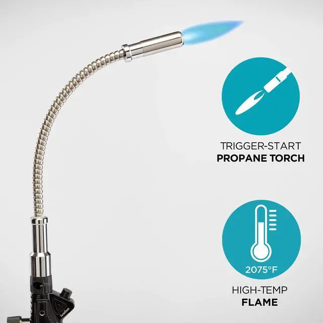Alt view image 2 of 7 - Ivation Heavy-Duty Trigger-Start Propane Torch with Extended Flexible Neck Tube | Gas Powered Blow Torch Head with Push Ignition, Adjustable Flame | High Temps Up to 2075°F | For CGA600 Handle Tanks