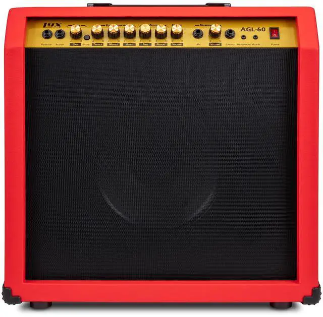 Main image of LyxPro 60 Watt Electric Guitar Amplifier | Combo Solid State Studio & Stage Amp with 10 4-Ohm Speaker, Custom EQ Controls, Drive, Delay, ¼ Passive/Active/Mic Inputs, Aux In & Headphone Jack - Red