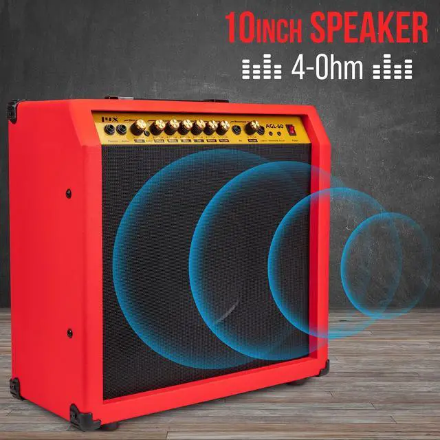 Alt view image 4 of 6 - LyxPro 60 Watt Electric Guitar Amplifier | Combo Solid State Studio & Stage Amp with 10 4-Ohm Speaker, Custom EQ Controls, Drive, Delay, ¼ Passive/Active/Mic Inputs, Aux In & Headphone Jack - Red