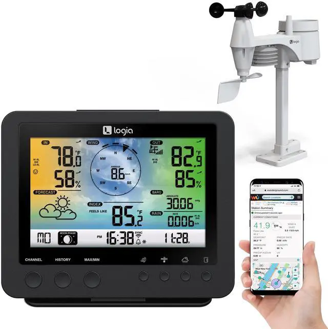 Main image of Logia 15-in-1 Wi-Fi Weather Station with 5-in-1 Sensor Array, Humidity, Wind Speed/Direction, Rain & More | Wireless LED Color Console w/Forecast Data, Alarm, Alerts