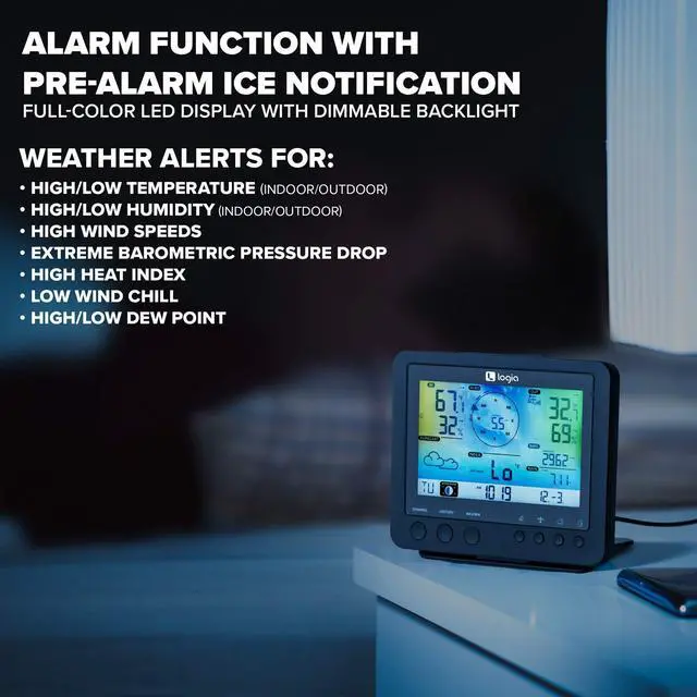 Alt view image 4 of 7 - Logia 15-in-1 Wi-Fi Weather Station with 5-in-1 Sensor Array, Humidity, Wind Speed/Direction, Rain & More | Wireless LED Color Console w/Forecast Data, Alarm, Alerts