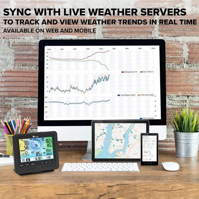 Alt view image 5 of 7 - Logia 15-in-1 Wi-Fi Weather Station with 5-in-1 Sensor Array, Humidity, Wind Speed/Direction, Rain & More | Wireless LED Color Console w/Forecast Data, Alarm, Alerts