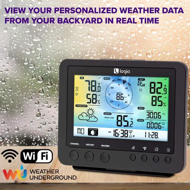 Alt view image 7 of 7 - Logia 15-in-1 Wi-Fi Weather Station with 5-in-1 Sensor Array, Humidity, Wind Speed/Direction, Rain & More | Wireless LED Color Console w/Forecast Data, Alarm, Alerts