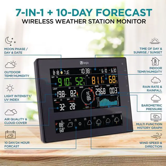 Alt view image 2 of 7 - Logia 7-in-1 Wi-Fi Wireless Weather Station with 10-Day / 24 Hour Forecast, Solar & Large 8" Color Display | Measures Wind Speed/Direction, Rainfall, UV Index, Light Intensity, Temperature & Humidity