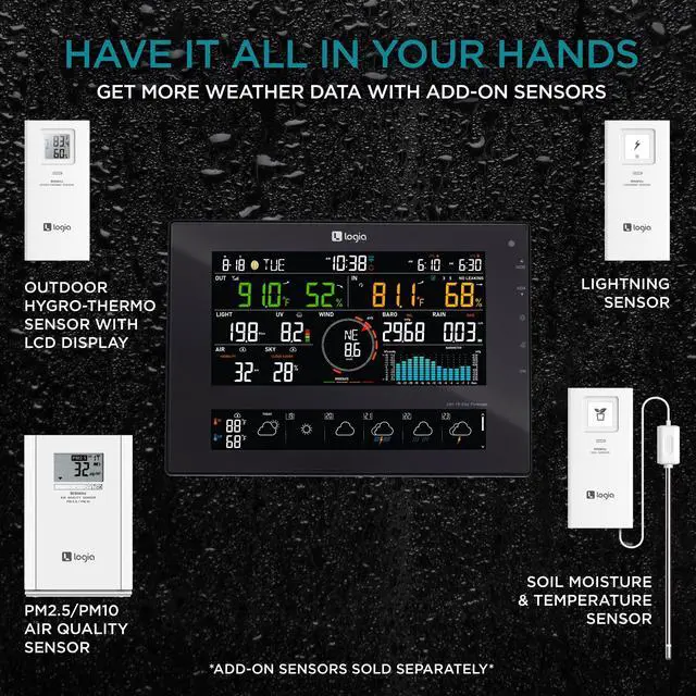 Alt view image 7 of 7 - Logia 7-in-1 Wi-Fi Wireless Weather Station with 10-Day / 24 Hour Forecast, Solar & Large 8" Color Display | Measures Wind Speed/Direction, Rainfall, UV Index, Light Intensity, Temperature & Humidity