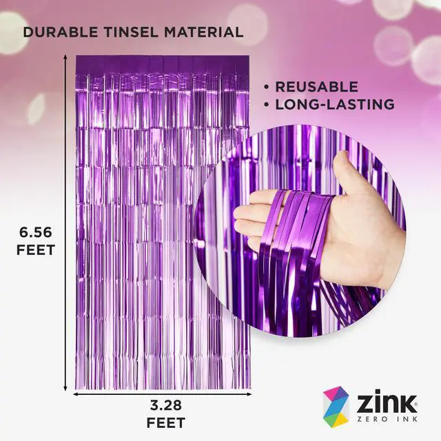Alt view image 2 of 5 - Zink 2 Pack 3.28 Ft x 6.56 Ft Purple Foil Curtain Backdrop - Tinsel Streamers for Photo Booth, Birthday Party, Wedding, Graduation, Holiday Decorations