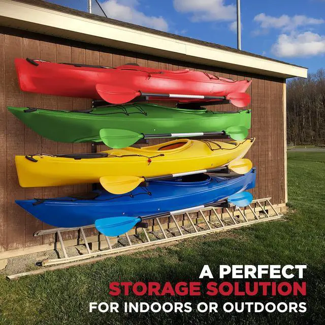 Alt view image 5 of 7 - RaxGo Wall Kayak Storage Rack, Heavy Duty Wall Mounted Garage Kayak Storage Hooks for Kayaks, SUP, Canoe & Paddleboard , For Indoor, Outdoor, Garage , Adjustable Arms - Universal design