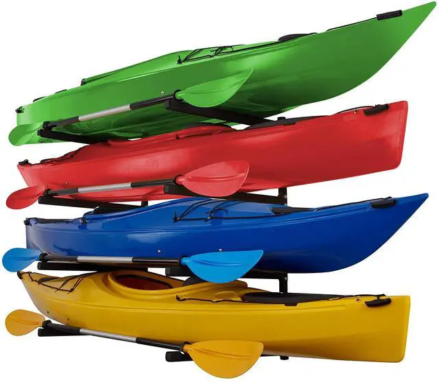 Alt view image 7 of 7 - RaxGo Wall Kayak Storage Rack, Heavy Duty Wall Mounted Garage Kayak Storage Hooks for Kayaks, SUP, Canoe & Paddleboard , For Indoor, Outdoor, Garage , Adjustable Arms - Universal design