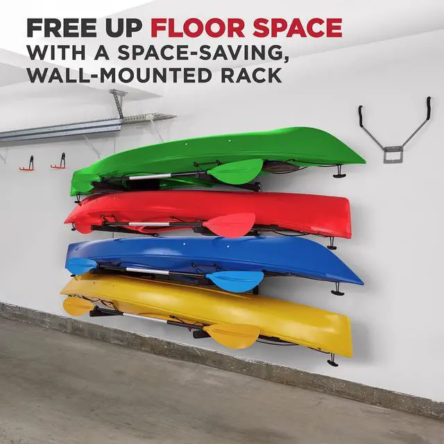 Alt view image 6 of 7 - RaxGo Wall Kayak Storage Rack, Heavy Duty Wall Mounted Garage Kayak Storage Hooks for Kayaks, SUP, Canoe & Paddleboard , For Indoor, Outdoor, Garage , Adjustable Arms - Universal design