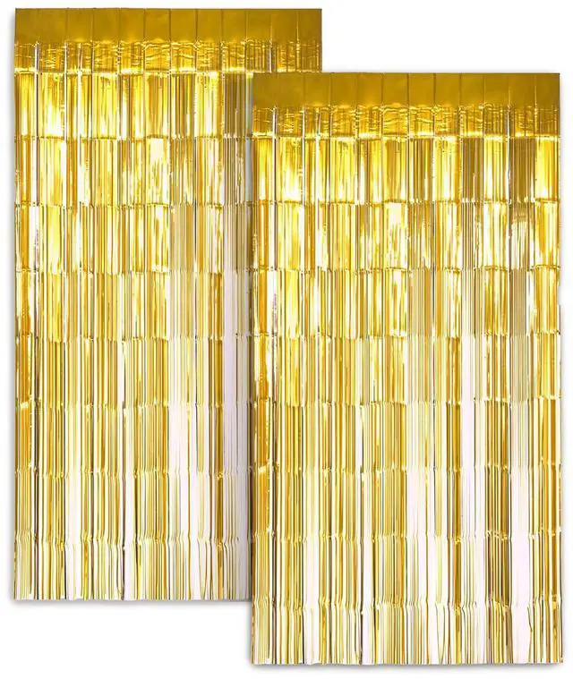 Main image of Zink 2 Pack 3.28 Ft x 6.56 Ft Gold Foil Curtain Backdrop - Tinsel Streamers for Photo Booth, Birthday Party, Wedding, Graduation, Holiday Decorations