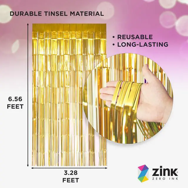 Alt view image 2 of 5 - Zink 2 Pack 3.28 Ft x 6.56 Ft Gold Foil Curtain Backdrop - Tinsel Streamers for Photo Booth, Birthday Party, Wedding, Graduation, Holiday Decorations