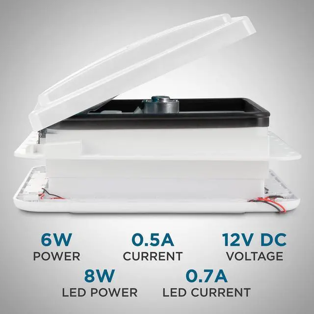 Alt view image 2 of 7 - Hike Crew 11 RV Roof Vent Fan w/ LED Light | 12V Intake & Exhaust Camper Fan | Manual Open/Close | Includes Screws & Garnish | White Lid
