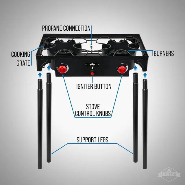 Alt view image 3 of 7 - Hike Crew Auto Ignition Double-Burner Outdoor Gas Stove | 150,000 BTU Portable Propane-Powered Cooktop with Blue Flame Control, Removable Legs, Temperature Setting Knobs | Includes Hose & Regulator