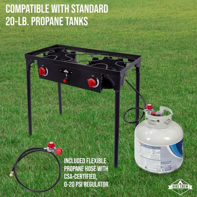 Alt view image 4 of 7 - Hike Crew Auto Ignition Double-Burner Outdoor Gas Stove | 150,000 BTU Portable Propane-Powered Cooktop with Blue Flame Control, Removable Legs, Temperature Setting Knobs | Includes Hose & Regulator