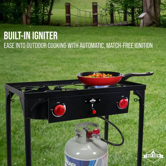 Alt view image 6 of 7 - Hike Crew Auto Ignition Double-Burner Outdoor Gas Stove | 150,000 BTU Portable Propane-Powered Cooktop with Blue Flame Control, Removable Legs, Temperature Setting Knobs | Includes Hose & Regulator