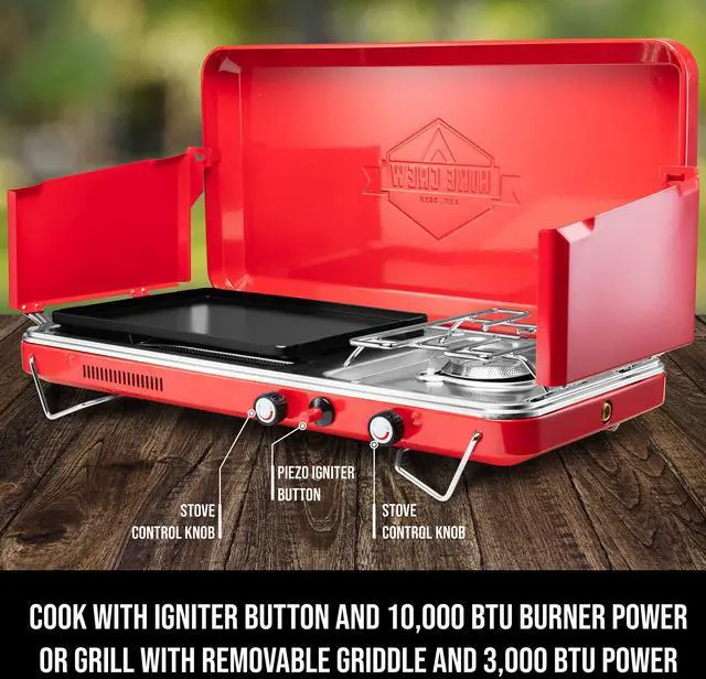 Alt view image 2 of 6 - Hike Crew 2-in-1 Gas Camping Stove and Griddle, Portable Propane Burner w/ Integrated Igniter & Stainless Drip Tray | Built-in Carrying Handle, Foldable Legs & Wind Panels | Includes Regulator
