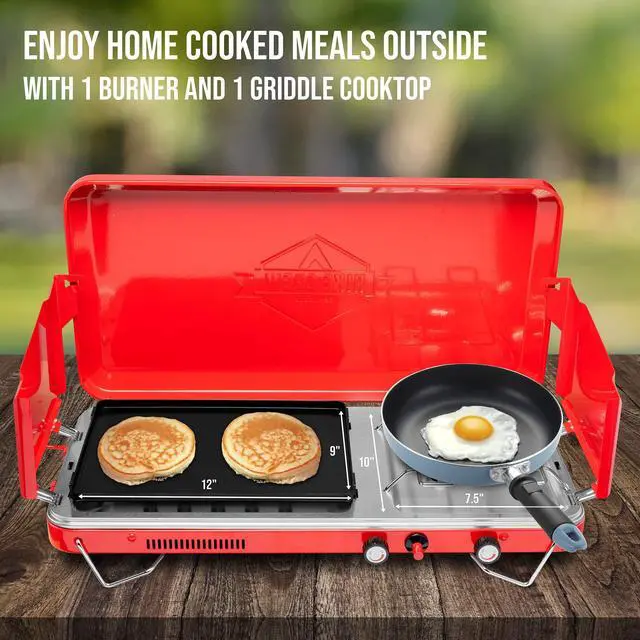 Alt view image 4 of 6 - Hike Crew 2-in-1 Gas Camping Stove and Griddle, Portable Propane Burner w/ Integrated Igniter & Stainless Drip Tray | Built-in Carrying Handle, Foldable Legs & Wind Panels | Includes Regulator