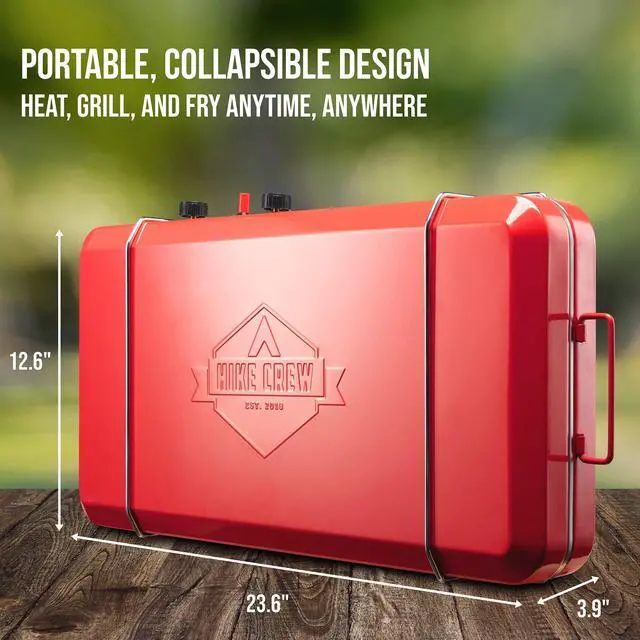 Alt view image 5 of 6 - Hike Crew 2-in-1 Gas Camping Stove and Griddle, Portable Propane Burner w/ Integrated Igniter & Stainless Drip Tray | Built-in Carrying Handle, Foldable Legs & Wind Panels | Includes Regulator