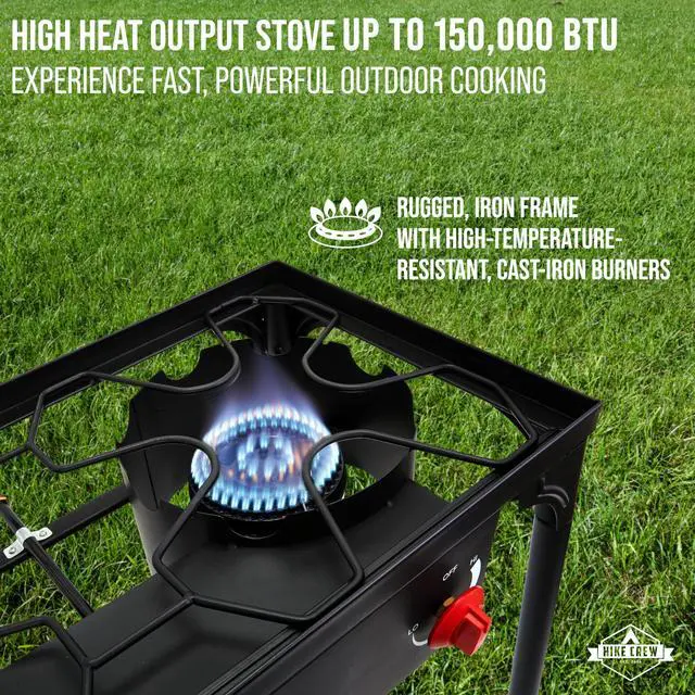 Alt view image 5 of 7 - Hike Crew Auto Ignition Double-Burner Outdoor Gas Stove | 150,000 BTU Portable Propane-Powered Cooktop with Blue Flame Control, Removable Legs, Temperature Setting Knobs | Includes Hose & Regulator