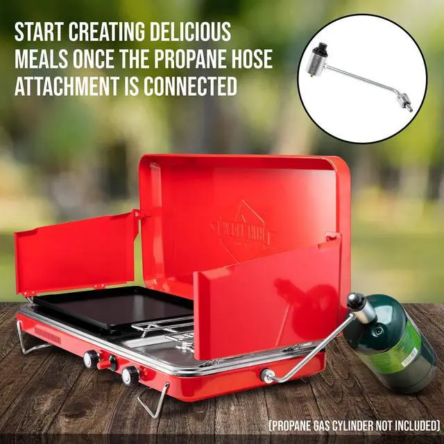 Alt view image 6 of 6 - Hike Crew 2-in-1 Gas Camping Stove and Griddle, Portable Propane Burner w/ Integrated Igniter & Stainless Drip Tray | Built-in Carrying Handle, Foldable Legs & Wind Panels | Includes Regulator