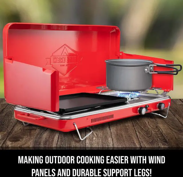 Alt view image 3 of 6 - Hike Crew 2-in-1 Gas Camping Stove and Griddle, Portable Propane Burner w/ Integrated Igniter & Stainless Drip Tray | Built-in Carrying Handle, Foldable Legs & Wind Panels | Includes Regulator