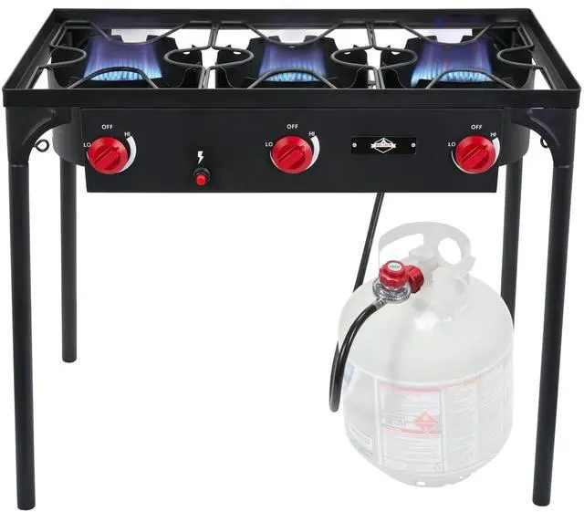 Main image of Hike Crew Auto Ignition 3-Burner Outdoor Gas Stove | 225,000 BTU Portable Propane-Powered Cooktop with Blue Flame Control, Removable Legs, Temperature Setting Knobs | Includes Hose & Regulator